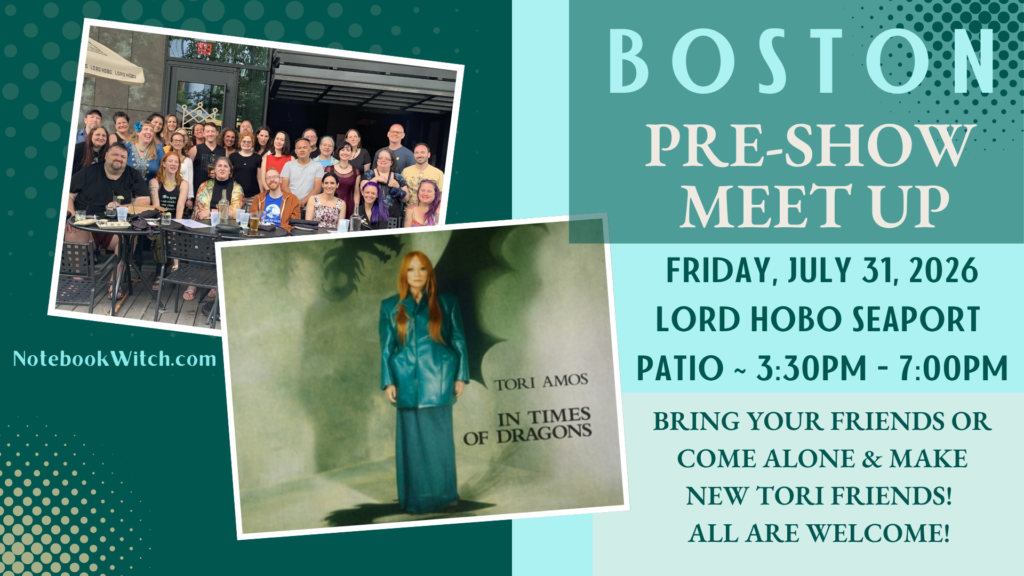 graphic with pre-show meet up details and photos of Tori's new album cover and a big group photo from the 2023 meetup